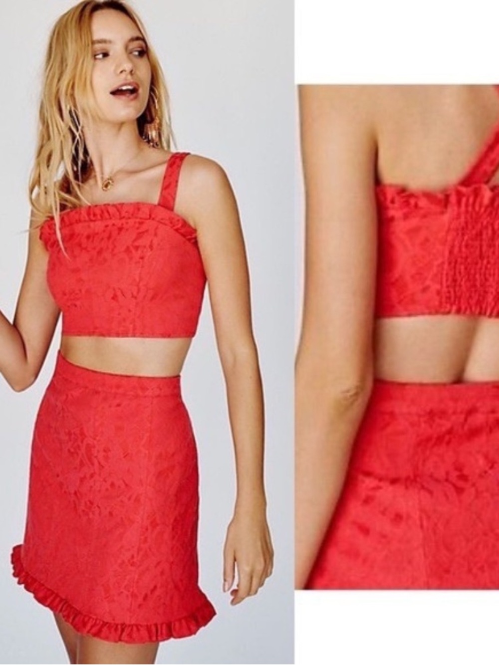 Free People Set | Two-Piece Lace Jacquard Set | Crop Top + Mini Skirt